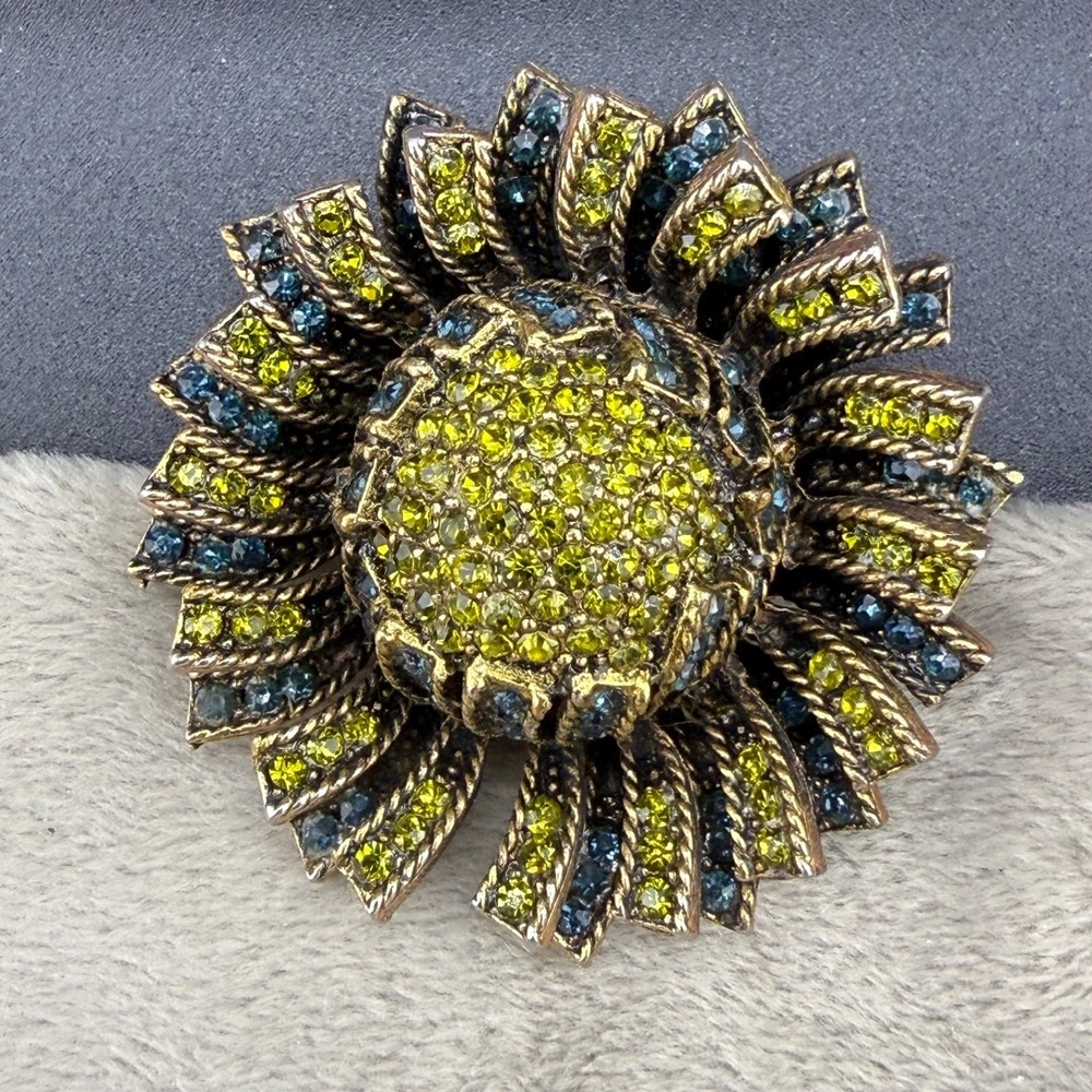 Vintage HAR Brooch Rhinestone Flower Gold Tone Signed Blue Green